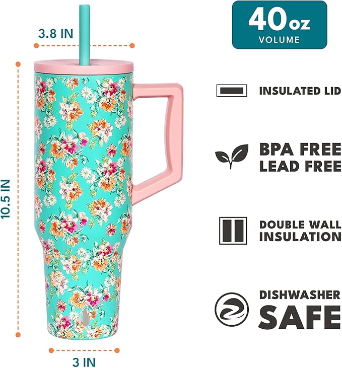 Elemental 40 oz Tumbler with Handle and Straw - Spill Proof Insulated Stainless Steel Commuter for Hot and Cold Beverages - Travel Coffee Mug with 2 Straws & Spill Proof Lid - 40oz - Vintage Flower