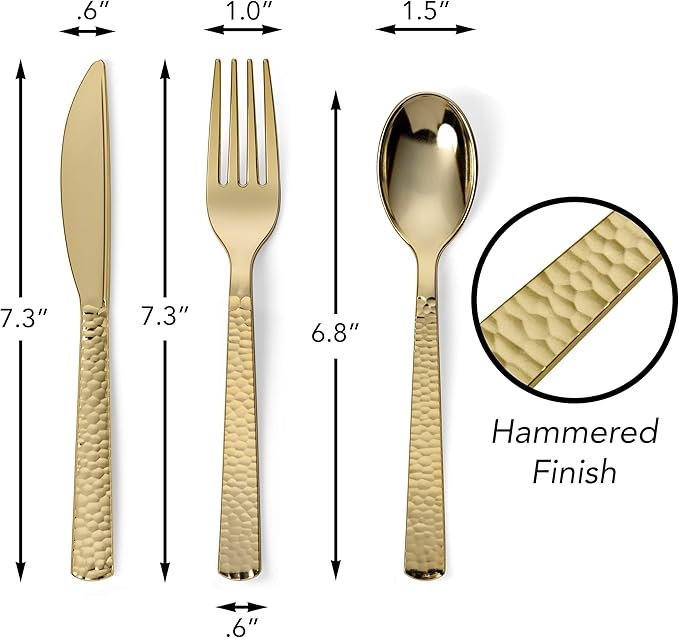 Perfect Settings 150 PCS Gold Plastic Silverware Set Heavy Duty Premium - Gold Plastic Cutlery Set Hammered Pebbled Finish - 50 Forks, 50 Knives, 50 Spoons Utensil Set