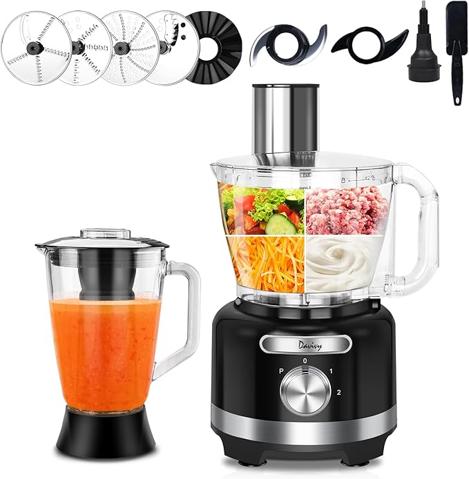 Davivy 16-Cup Food Processor and Blender, 6-Cup (50oz) Glass Blender Food Processors Combo – 10-in-1 Full-Size Food Processor with 600W Motor, 2 Speeds + Pulse for Home Use, Black