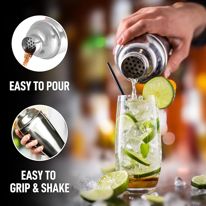 Zulay Cocktail Shaker (24oz) 18/8 Stainless Steel Martini Shaker With Built-In Strainer - Professional Grade Drink Shaker and Strainer For Bartending & Homebars (Silver)