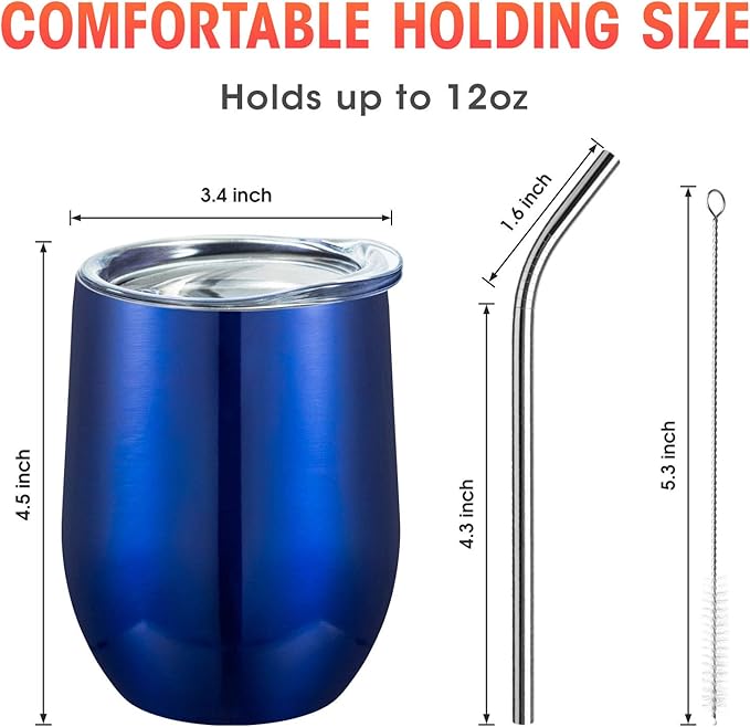 COMOOO Stainless Steel Wine Tumbler Glass Set of 4 with Lid and Straw 12oz Double Wall Vacuum Insulated Travel Tumbler Cup Stemless for Coffee Wine Cocktails Ice Cream Cup (Royal blue, 4)