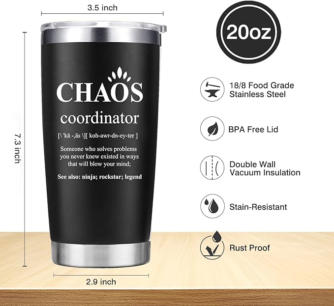 Thank You Gifts for Men, Coworker, Manager, Office, Teacher - Chaos Coordinator Tumbler - Birthday, Administration Professional Gifts - 20oz Black
