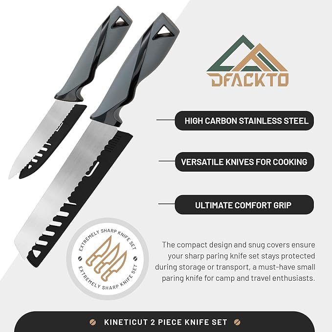DFACKTO 2-Piece Serrated Knife Set – Stainless Steel Kitchen Cooking Knives w/Protective Covers, Dishwasher Safe, No Block, Sharp Cutlery for Slicing Bread, Cooking Fruit & Steak w/Sheath - Gray