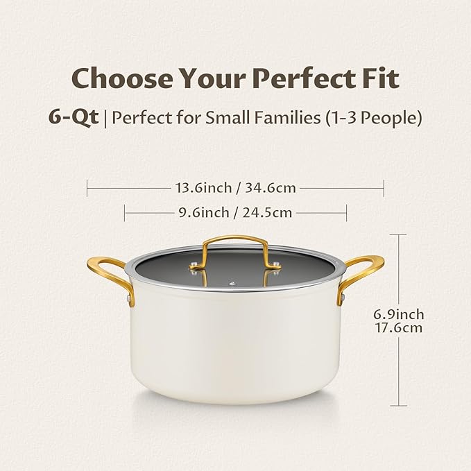 BEZIA 6 Quart Stock Pot with Lid, Ceramic Nonstick Cooking Pot, Soup Pot with Stainless Steel Handle, Tempered Glass Lid, Induction Compatible for Pasta, Soup, Spaghetti, Dishwasher Safe, Cream