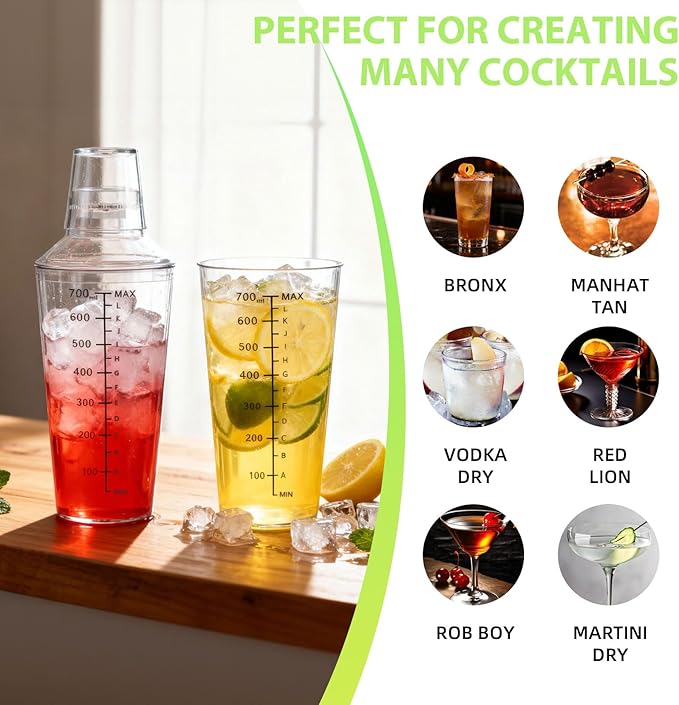 Plastic Boston Cocktail Shaker Set, 12 Pack 24oz Shatterproof Bartender Kit with Built-in Strainer Lids, Travel Bar Tools for Beginners, Mixing Martinis, Margaritas (700ML-A, 12 pack)