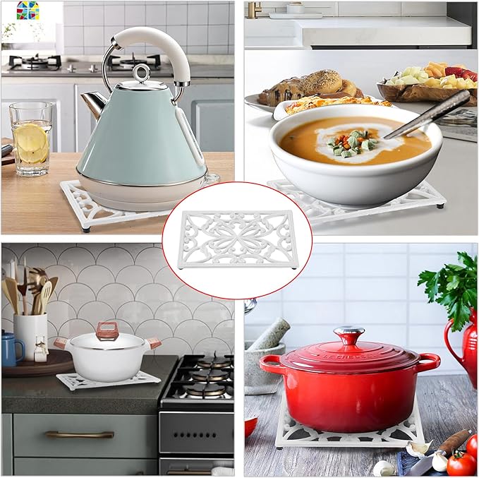 Sumnacon Rectangle 10 x 6.1 Inch Cast Iron Trivet - Rustic Heat Resistant Metal Trivet for Hot Dish Pot Pan Teapot, Vintage Sturdy Hot Plate Pad for Kitchen Dining Countertop Table,White