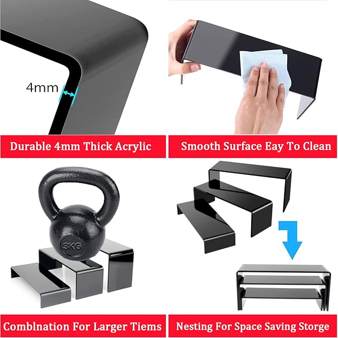 Black Acrylic Display Risers, 6 Pc Acrylic Risers for Display for Food Dessert Cupcakes, Jewellery, Collectibles, Puppets, Anime Characters, Perfumes for acrylic risers