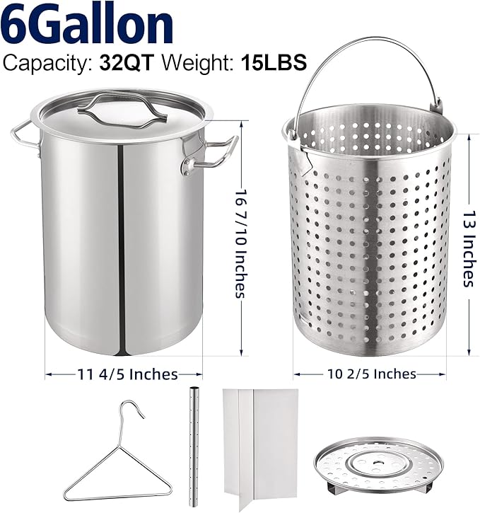 ARC Stainless Steel Stock pot with Propane Burner, Seafood Boil Pot with Basket and Steamer, Cookware for Crawfish Crab Shrimp Lobster Boiling Pot, Turkey Fryer Pot (SS Pot with Alloy Steel Burner)