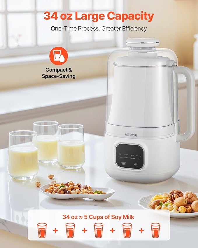 VEVOR 8-in-1 Nut Milk Maker, 34 oz Soy Milk Maker with Soundproof Cover for Homemade Oat, Nut, Soy, Juice, Milkshake, Rice Cereal, Plant-Based Beverages with Self-Cleaning, Boil Water, 12-Hour Delay