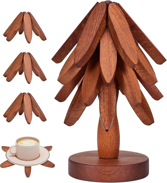 Wooden Trivets for Hot Dishes - Christmas Tree Coasters Set, Tree Shape Trivet With Stand, 4 Pieces + 1 Stand (Walnut Wood, 8.7)