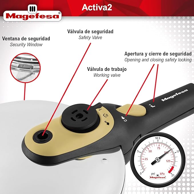 Magefesa Activa2 8-Quart Stainless Steel Pressure Cooker – 2 Cooking Programs, Works on All Stovetops, Mustard Handle