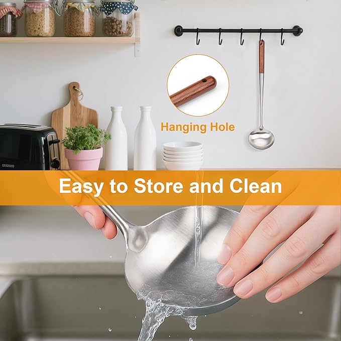 FJNATINH Soup Ladle, Metal Ladle Stainless Steel for Soup Sauces, Kitchen Ladle Spoon with Heat-proof Wooden Handle, Easy to Clean