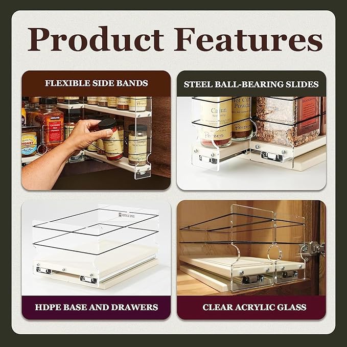 Vertical Spice - Narrow Pullout Spice Rack - Sliding Drawer for Kitchen Organization - Pantry Organizers and Storage - 2 Drawers - 10 Spice Jar Capacity (4.6" W x 5.0" H x 10.6" D, Cream)