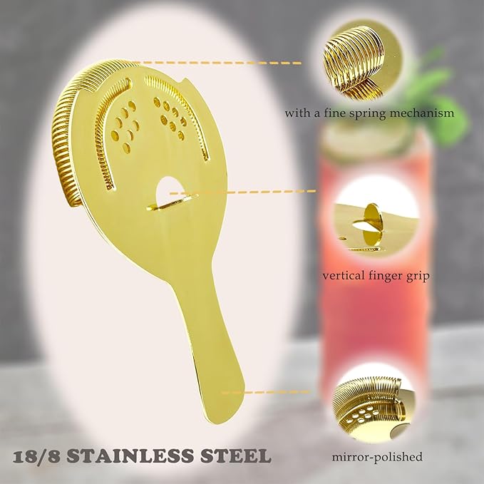 Gold Cocktail Strainer for Drinks 2 Prong Hawthorne Strainer with Removable Spring Stainless Steel Bartending Strainer Bar Cart Tool