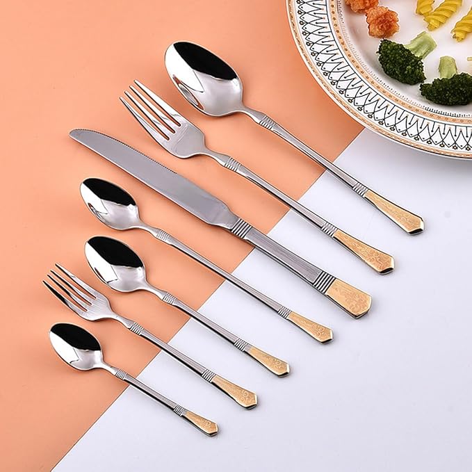 Deluxe 28 Piece Gold Silverware Set for 4 Stainless Steel Flatware Set with Knife/Fork/Spoon,Cutlery Set for Home and Kitchen,Utensil Set with Dishwasher Safe，Gift Package for Wedding Housewarming