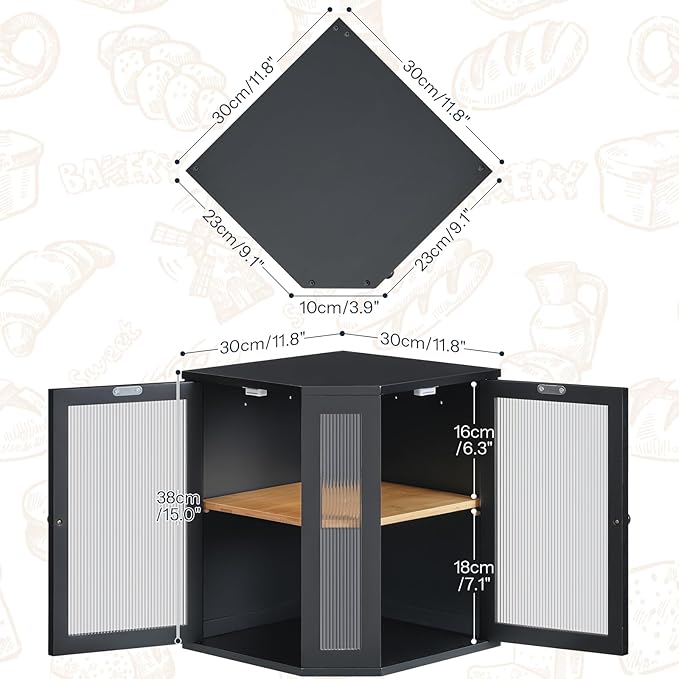 HOOBRO Bamboo Bread Box, Kitchen Countertop Corner Bread Box, Large Capacity 2-Tier Bread Container, Bread Storage Container with Dual Rippled Acrylic Doors, for Kitchen Food Storage, Black BK12MB01