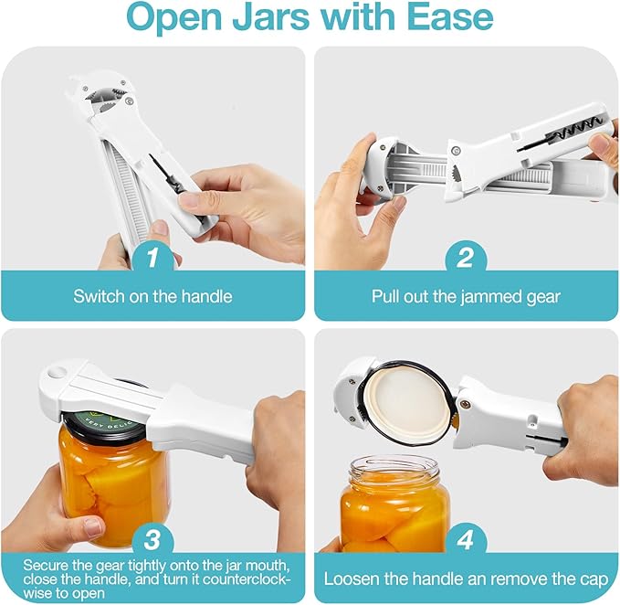 Jar Opener Bottle Opener and Lid Opener for Seniors with Arthritis, Weak Hands, Multi 7 in 1 Retractable Magnetic Can Opener, Original Kitchen Wine Opener Gadgets (White)