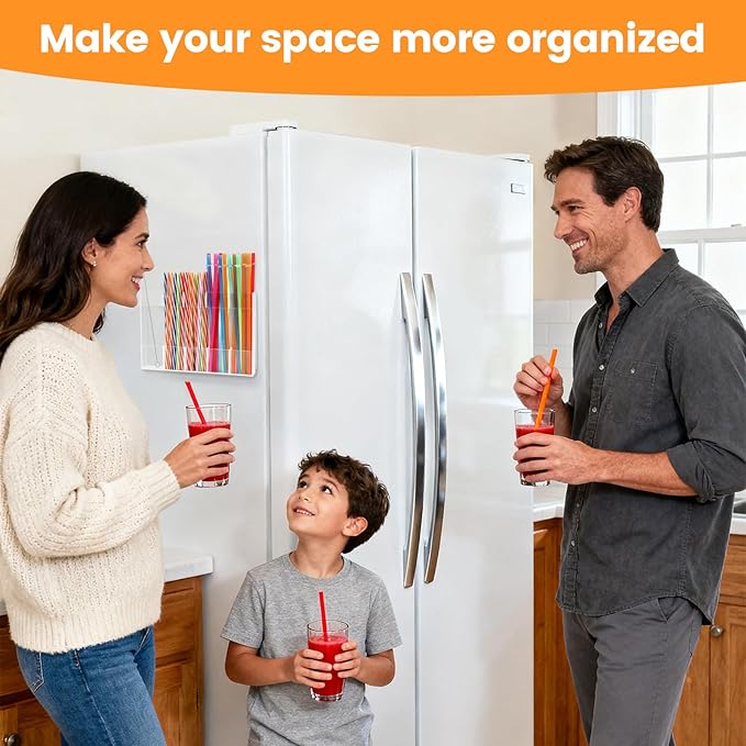 Acrylic Magnetic Straw Holder, Straw Organizer Dispenser with Two Pieces Magnet Sheets, Drinking Straw Storage Holder for Cabinet Door Fridge Counter Kitchen Office (Transparent)