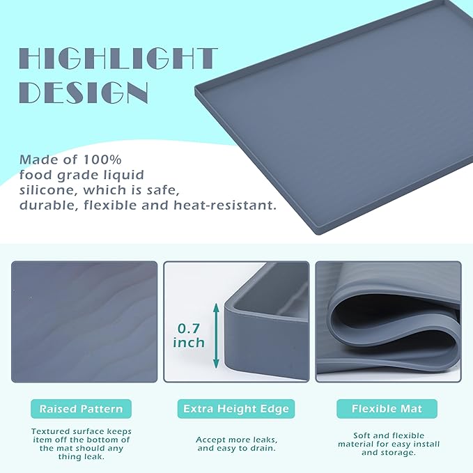 URMONA Waterproof Silicone Under Sink Mat 25'' x 19'' Shelf Liner for Kitchen and Bathroom, Cabinet and Counter Protector, Storage and Organizers, Litter Mat, Pet Cat Puppy Essentials(Light Grey)