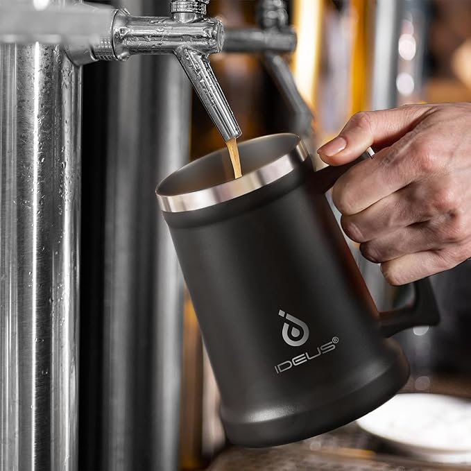 Ideus Insulated Beer Stein, 24/32oz Stainless Steel Double Walled Beer Mug Giant Bar Drinkware Metal Beer Cup with Big Grip Handle (Black, 24oz (710ml))