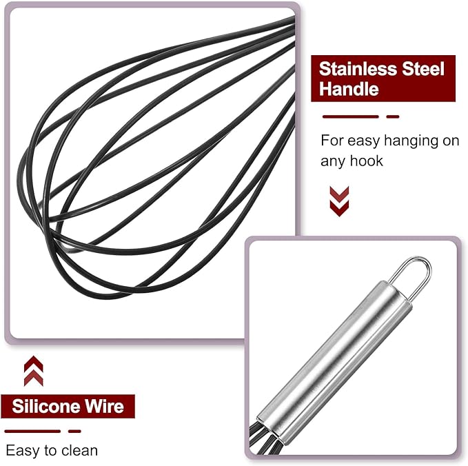 HARFINGTON 5Pcs Silicone Whisk 8" Kitchen Whisk Wire Whisks Beater with Stainless Steel Handle for Egg Milk Whisking Blending Beating & Stirring, Black
