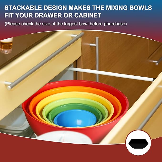 6-Piece Plastic Mixing Bowl Set with Lids for Kitchen, Nesting Storage Bowls for Baking, Prepping,Cooking and Serving Food, Dishwasher, Microwave Safe,Great for Mixing & Serving(6 Set-Rose Red)