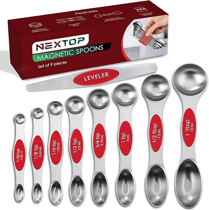 Magnetic Measuring Spoons Set of 9 Stainless Steel Dual-Sided Stackable Measuring Spoon Nesting Teaspoons Measuring Dry and Liquid Ingredients, Fits in Spice Jars Set of 9 (Red)