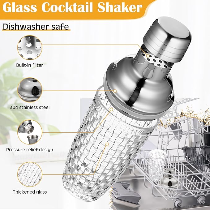 Pickmesh 9 Pcs Cocktail Shaker Set 13 oz Glass Cocktail Shaker with Built-in Strainer, 2 Martini Glasses, Shakers Bartending Drink Mixer Set Drink Mixer Gifts for Dad, Boyfriend, Husband(Silver)