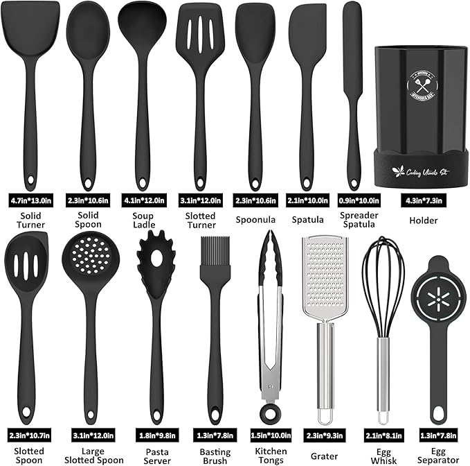 Silicone Kitchen Utensils Set, 16-Piece Silicone Cooking Utensils by Deedro, Heat Resistant Kitchen Tools Set with Holder, Nonstick Spatula Kitchen Gadgets for Cooking & Baking, Black