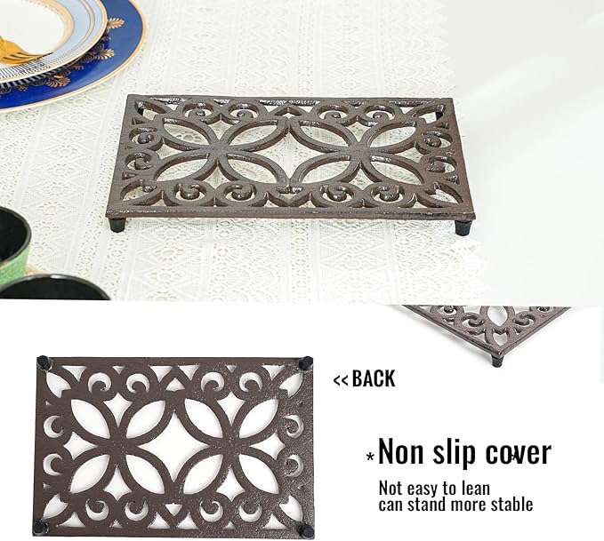 Sungmor Rectangle Cast Iron Trivets, Metal Trivet for Hot Pots and Pans, Heavy Duty Rustic Wood Stove Tea Pot Trivet, Decorative Hot Pot Holder for Kitchen Counter and Dining Table