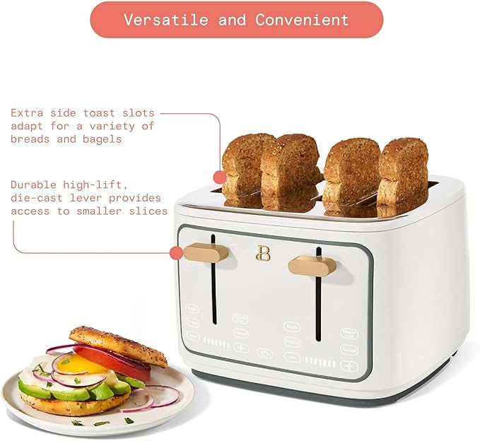 Beautiful 4 Slices Toaster with Touch-Activated Digital Display, Extra Wide Self-Adjusting Slots, Adjustable Shade Control, by Drew Barrymore (White)