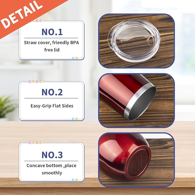 StarSpeed 12oz/6 Pack Wine Tumbler with lid, Stainless Steel Travel Mugs Stemless Double Wall Insulated Coffee Cup, Insulated Wine Glasses Travel Tumbler for Cold & Hot Drinks(Transparent Red, 6)