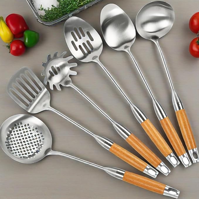 6 Packs 304 Stainless Steel Kitchen Cooking Utensils, 15 inch Cooking Utensils Tools, Turner, Ladle, Spoons & Pasta Server, Wooden Handle