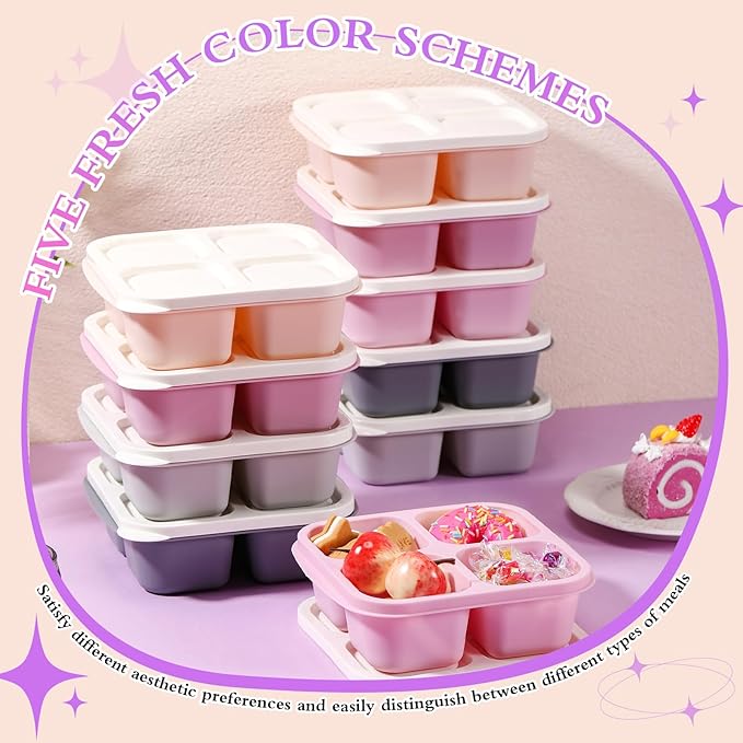 Honeydak 10 Pack Bento Snack Containers 4 Compartment Snack Boxes Reusable Containers with Lids Divided Meal Prep Lunch Food Storage Box for School Work Travel