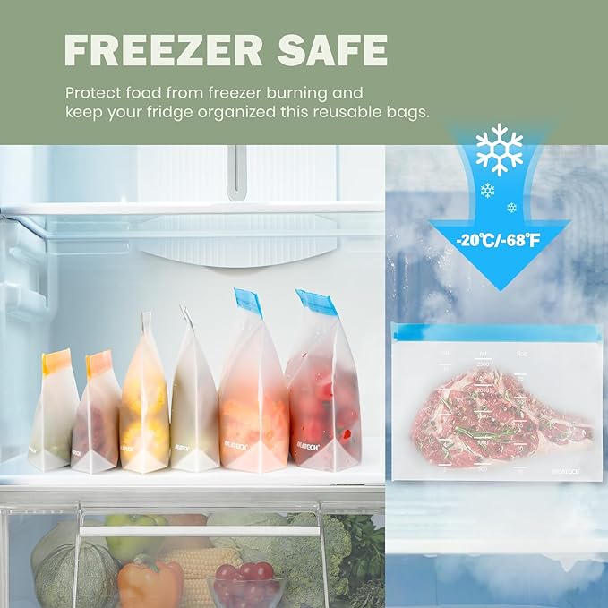 Dishwasher Safe Reusable Storage Bags Stand Up - BPA Free Reusable Sandwich Bags - Leakproof Gallon Freezer Bags for Marinate Meats, Salad Fruit - Multicolor 8 Gallon + 8 Sandwich + 8 Snack Bags