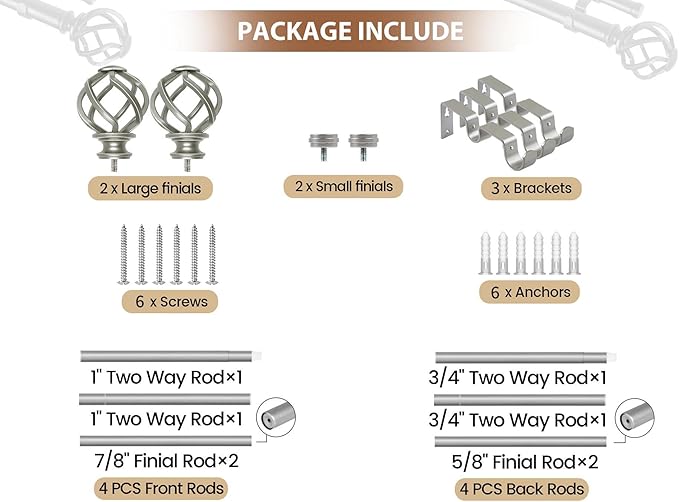 KAMANINA 1 Inch Double Curtain Rods 66 to 120 Inches (5.5-10 Feet) Telescoping Heavy Duty Drapery Rod for Windows 54 to 115 with Twisted Cage Finials, Antique Silver