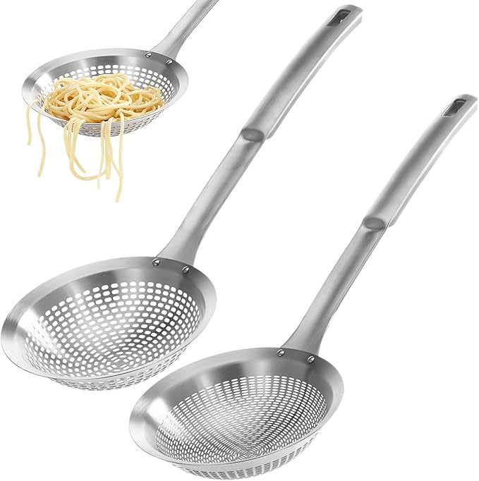 2 Pcs 304 Stainless Steel Skimmer Spoon Set, 5.51 in Large Small Hole Ladle, Long Nylon Handle Strainer Colander for Frying, Hot Pot, Noodle, 14.37 x 5.51 x 1.54 in