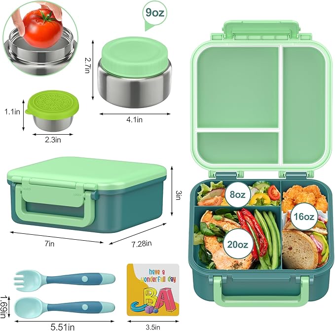 Kids Bento Lunch Box with 9oz Soup Thermo Leakproof Lunch Food Containers 4 Compartment with Insulated Hot Food Jar for Kid Toddler Girls Boys to School, Trvael