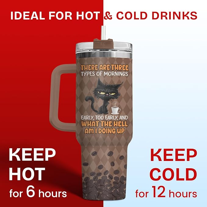 34HD Black Cat Tumbler with Handle & Straw, 40oz Vacuum Insulated Coffee Travel Mug, Black Cat Gifts for Men Women Birthday Halloween Christmas, Funny Gifts for Night Owls Coffee Lovers