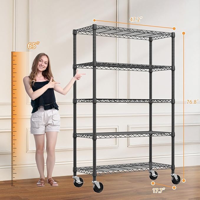5-Tier 2200LBS Storage Shelves,Adjustable Wire Shelving for Pantry Organizers and Storage Heavy Duty Garage Shelving for Kitchen, Basement,Warehouse(Black,17,7Dx 47.2" W x 76.7" H)