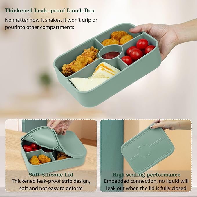 4 Compartment Lunch Box with Sauce Compartment, Leakproof Silicone Bento Box Adult, BPA-Free, 45oz Reusable Meal Prep Lunch Containers, Microwave and Dishwasher Safe