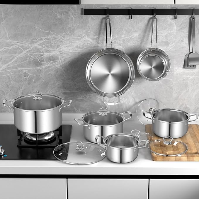 GOFLAME 12 Piece Pots & Pans Set, Stainless Steel Cookware Set with Tempered Glass Lids, Handles & 3-Ply Base, 4 Stockpots, 1 Frying Pan & 1 Sauce Pan for Stovetop, Induction, Halogen