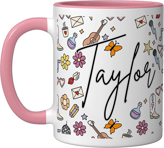 Girl Retro Taylor First Name Coffee Mug for Men Women Ceramic Mug, Pink/White