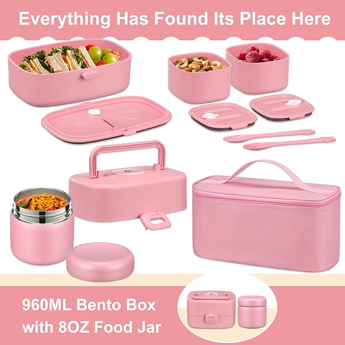 Bento Lunch Box with 8oz Soup Thermo, Kids Sustainable Bento Box Leakproof Lunch Food Containers with Lunch Bag, Kids Thermo Insulated Hot Food Jar for School, Trvael (Pink)