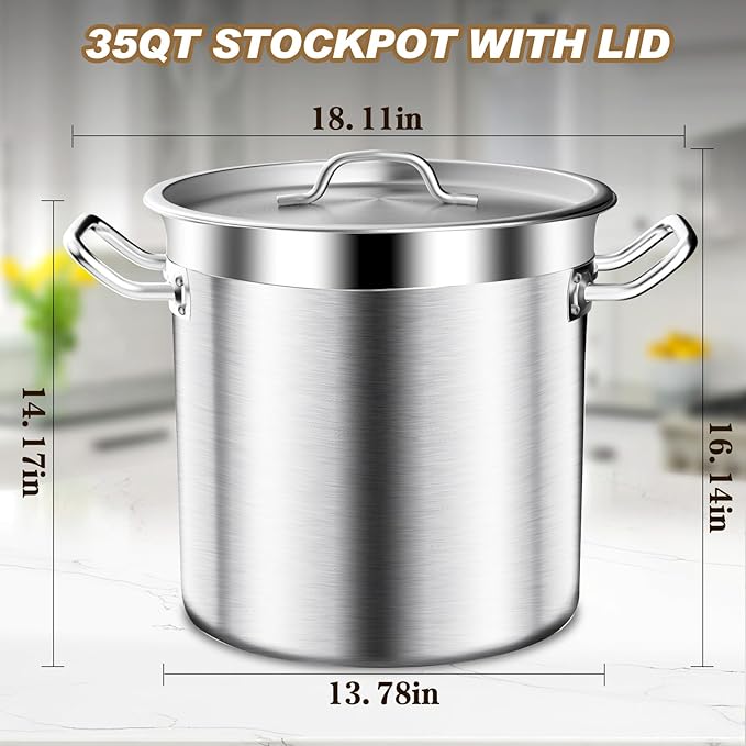 35Qt Brushed Stainless Steel Stock Pot With Lid - Large Stock Pot - Heavy Duty Induction Commercial Grade Stockpots for Soup, Stew, Oven, Gas, Ceramic, and Dishwasher Safe