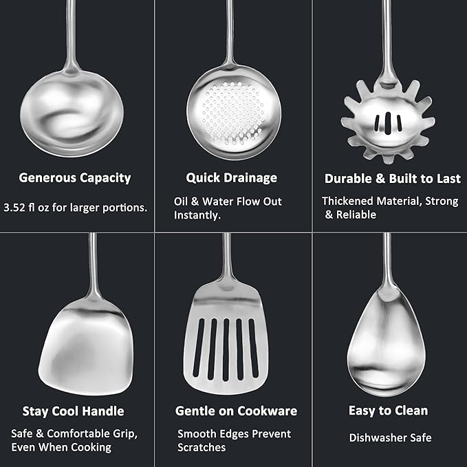 304 18/10 Stainless Steel Kitchen Utensils Set 9 Pack Long Cooking Utensil, Spatula, Soup spoon, Leaking shovel, Ladle, Tunner, Pasta Server, Meat Fork Kitchen Tools Set