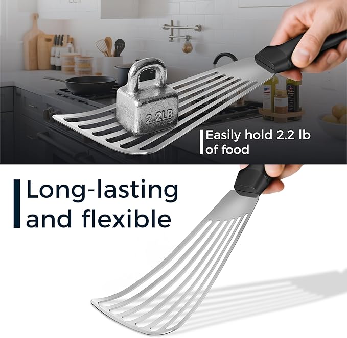 Metal Spatula Set, 18/0 Stainless Steel Spatulas & 18/8 SS Flexible Fish Spatula, Brushed Kitchen Utensil for Cast Iron Skillet, Frying Griddle Pancake Steak Meat Egg, Pack of 3
