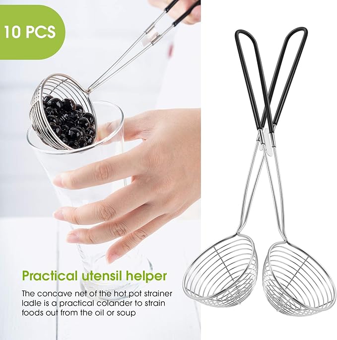 Geiserailie 10 Pieces 6 Pieces Hot Pot Kit Strainer Scoops Stainless Steel 2.5 Inch Mini Spider Strainer Skimmer Pasta Mesh Spoon Asian Skimmer Spoon Ladle with Handle for Home (Black)