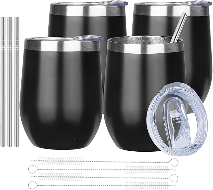 MEZMUT 12 Oz Insulated Wine Tumbler with Lid Double Wall Vacuum Stainless Steel Wine Glass Coffee Mug Insulated Tumbler Cup for Champaign, Cocktail, Beer (Black, 4 Pack)