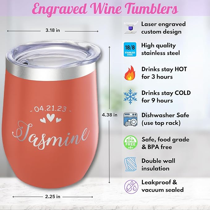 Gifts Inscribed Personalized Wine Tumbler with Lid – Orange Custom Engraved Stainless Steel Insulated Mug for Hot & Cold Drinks – Customized Bridesmaid, Wedding, or Birthday Gift